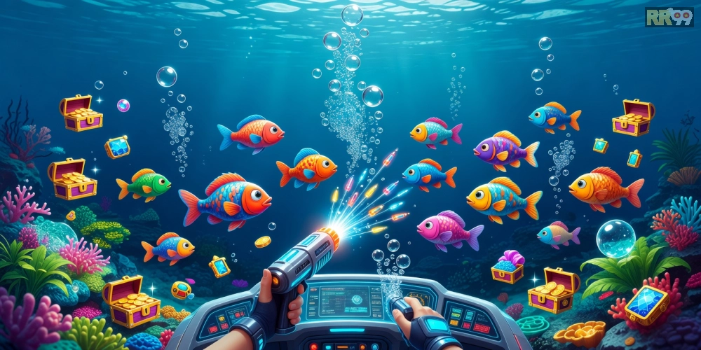 Hình ảnh minh họa giao diện game bắn cá đổi thưởng rr99 với cá đa sắc màu và súng bắn chuyên nghiệp.