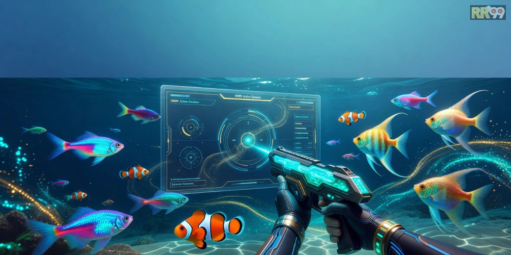 Minh họa khái niệm bắn cá online rr99 với giao diện game sống động và người chơi đang săn thưởng