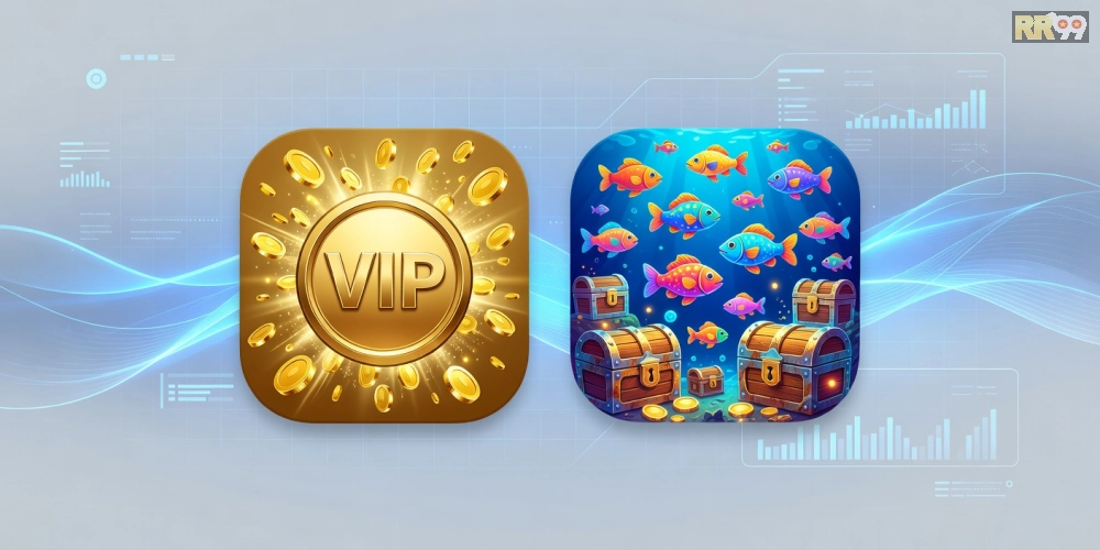 Hình ảnh top 2 nền tảng bắn cá rr99 với biểu tượng VIP và phần thưởng hấp dẫn cho người chơi.