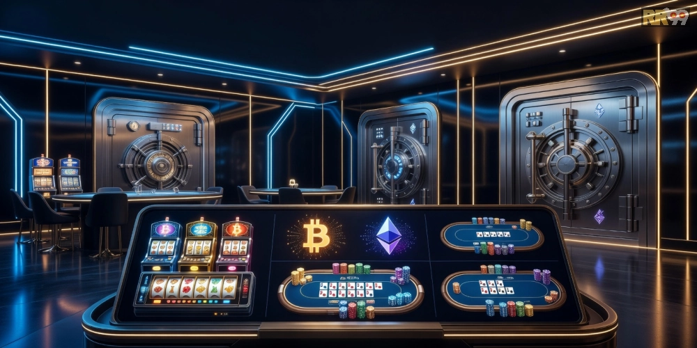 Minh họa giao diện crypto casino rr99 với các trò chơi hấp dẫn và biểu tượng tiền điện tử