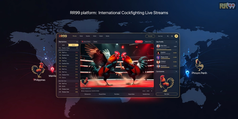 Minh họa khái niệm đá gà quốc tế rr99 với giao diện nền tảng hiện đại và biểu tượng chiến kê