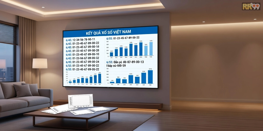 Ví dụ kết quả xổ số minh ngọc rr99 hiển thị trên màn hình lớn với biểu đồ thống kê rõ ràng