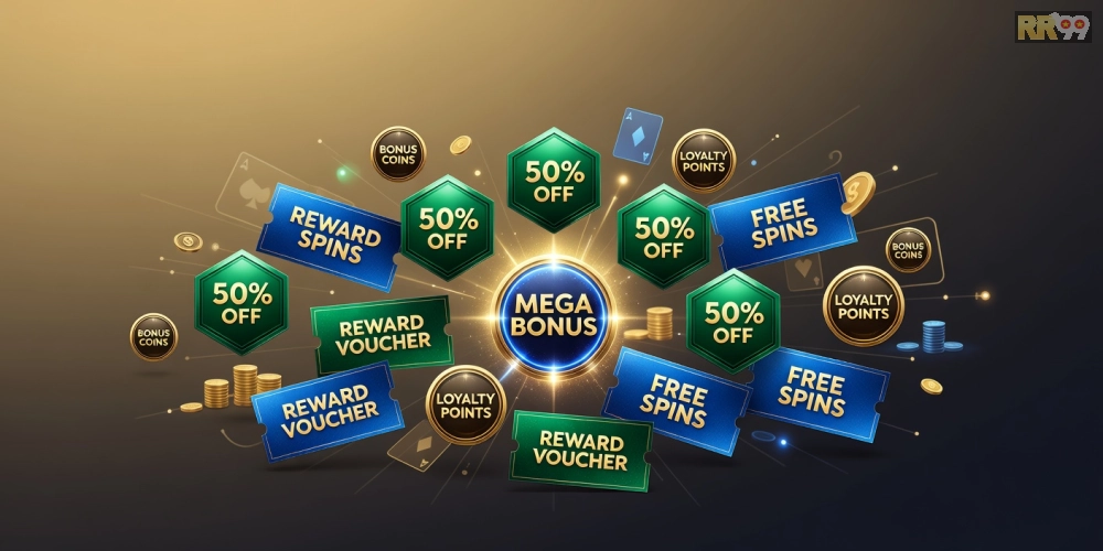 Minh họa khái niệm khuyến mãi RR99 với các biểu tượng ưu đãi hấp dẫn và nền tảng giải trí