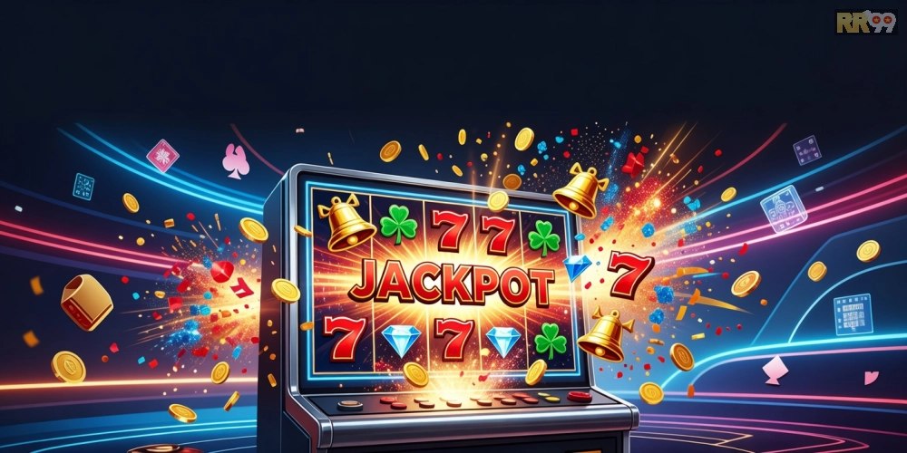 Minh họa khái niệm nổ hũ đổi thưởng rr99 với hình ảnh slot machine jackpot bùng nổ