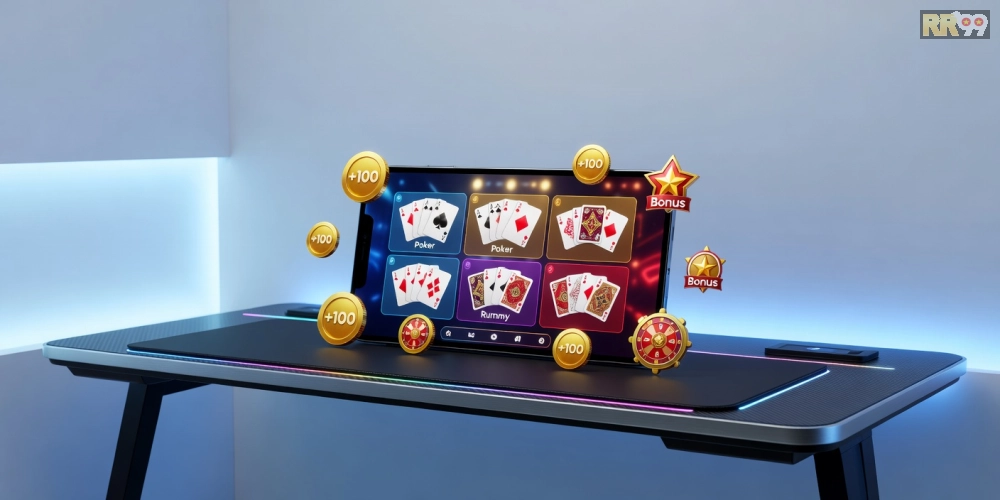 Minh họa khái niệm game bài đổi thưởng trên nền tảng rr99 với giao diện hiện đại và các trò chơi phổ biến