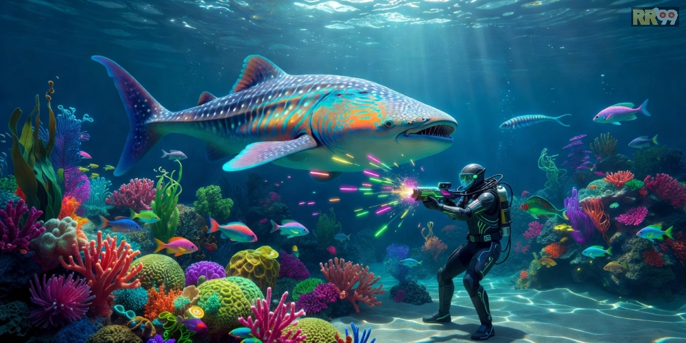 Hình ảnh đại dương sống động trong game bắn cá RR99 với cá khổng lồ và hiệu ứng bắn súng đỉnh cao