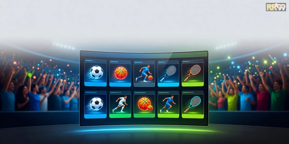 Minh họa khái niệm trò chơi thể thao rr99 với giao diện cá cược trực tuyến hiện đại và các môn thể thao phổ biến.
