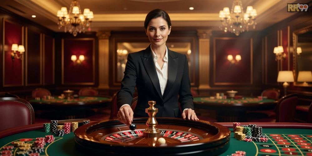 Minh họa giao diện trực tiếp casino rr99 với dealer chuyên nghiệp và bàn chơi sống động