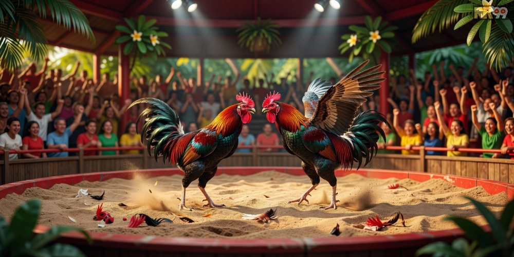 Trường Sabong quốc tế RR99 với cảnh chiến kê sẵn sàng thi đấu trên nền sân chuyên nghiệp