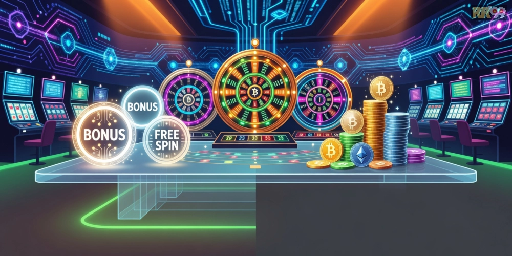 Các gói ưu đãi hấp dẫn từ crypto casino rr99 với biểu tượng tiền thưởng và jackpot lớn