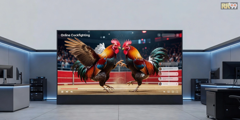 Minh họa khái niệm xem đá gà trực tuyến RR99 với giao diện hiện đại và trận đấu sống động